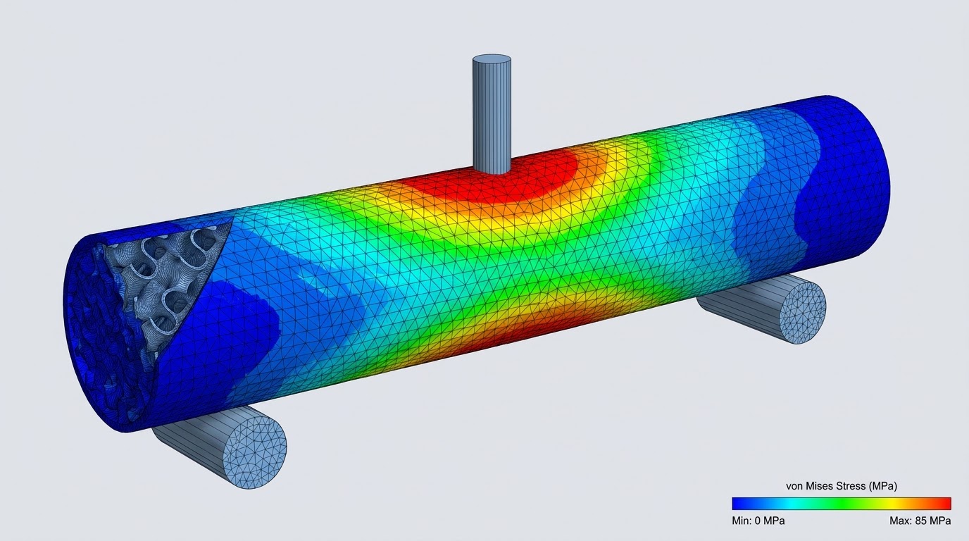 Finite element stress plot of a 3D-printed rod in three-point bending, with a cut-away showing gyroid infill