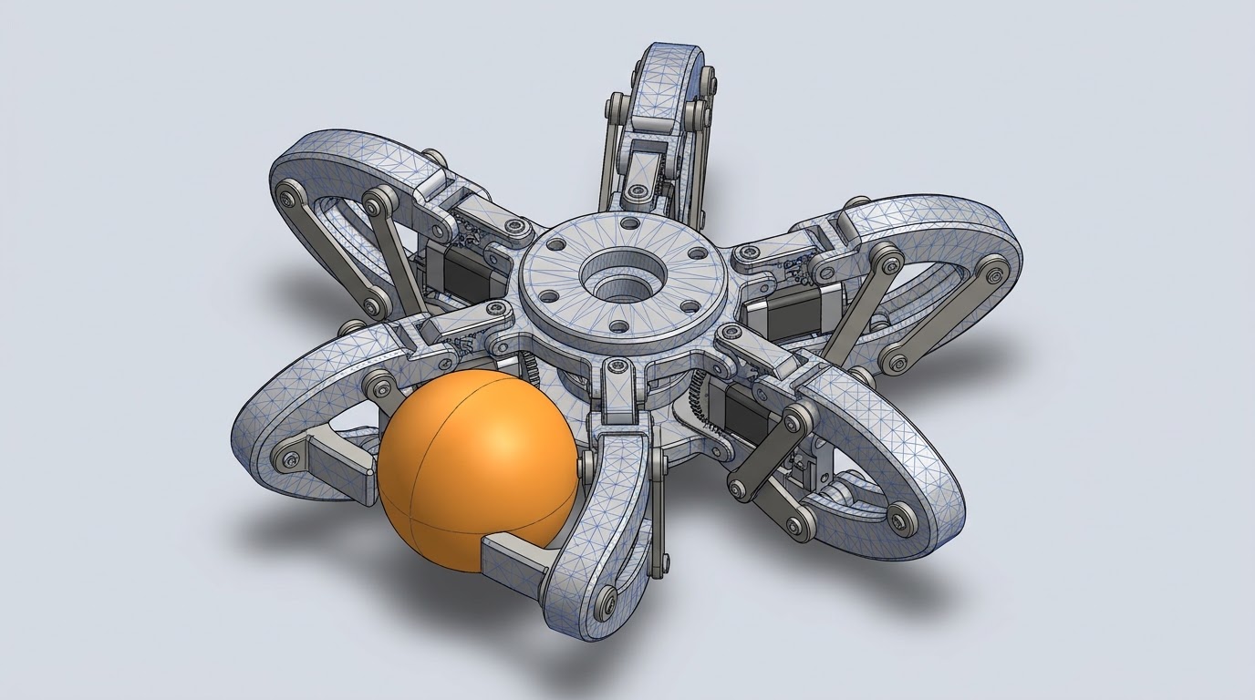 Top-down CAD mesh of a six-fingered radially symmetric robot claw closed around a table tennis ball