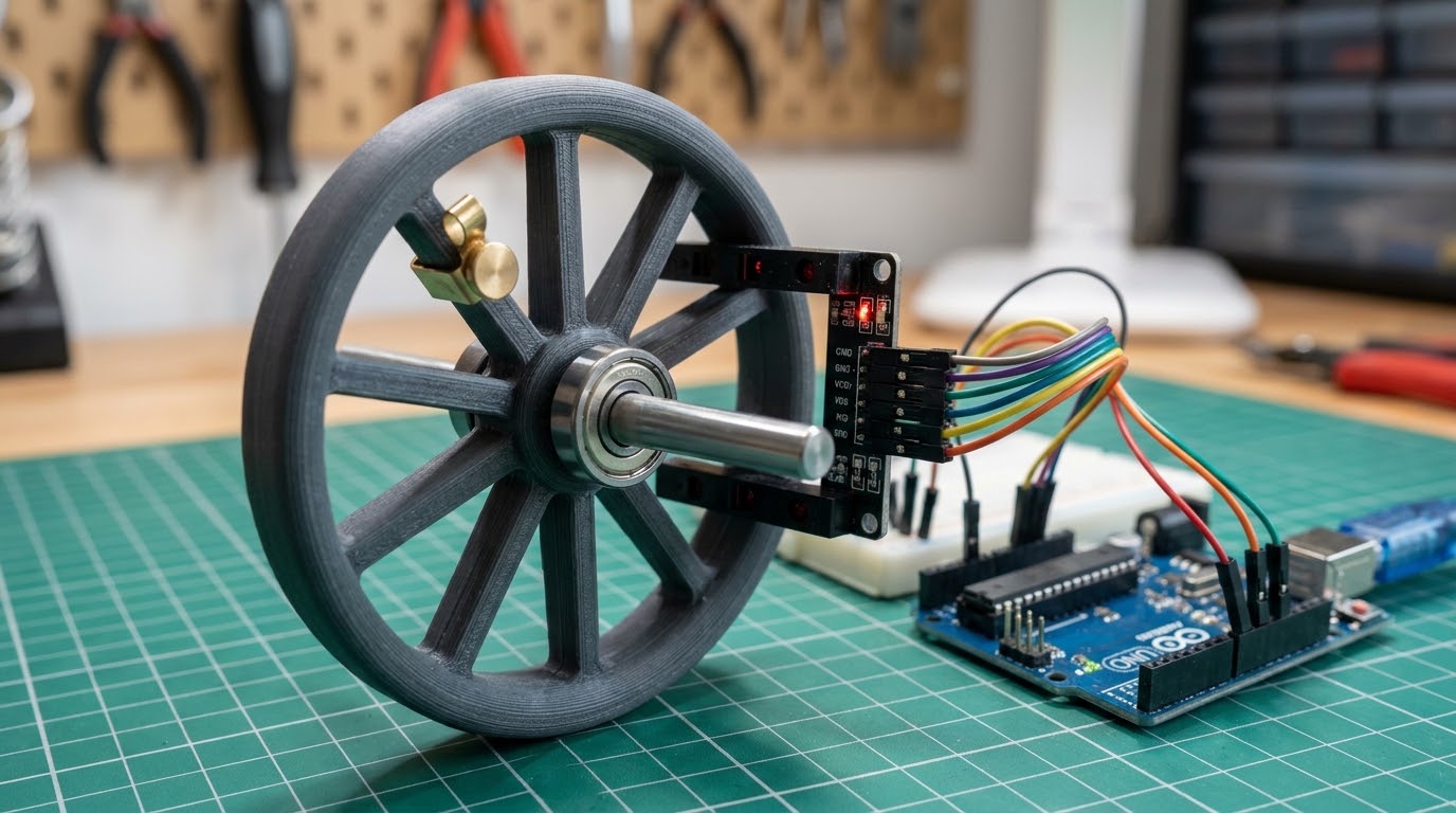 A 3D-printed spoked wheel on bearings with a clip-on weight, a photogate sensor at the rim and an Arduino